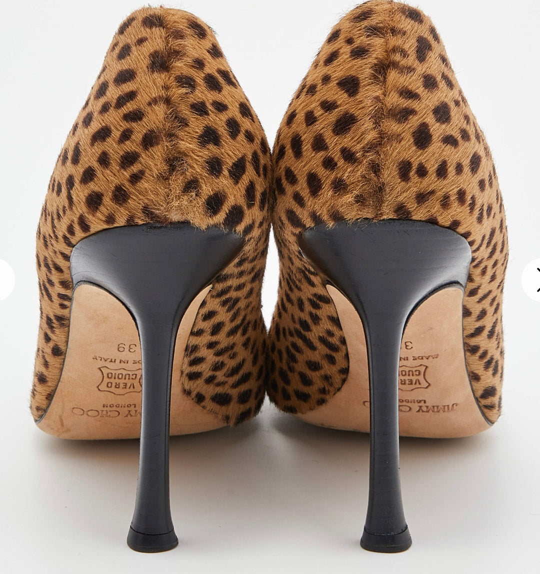JIMMY CHOO LEOPARD PRINT CALFHAIR POINTED TOE PUMPS