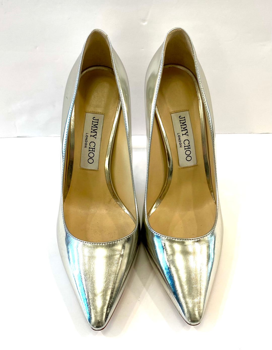 JIMMY CHOO MIRROR CALFSKIN LEATHER ROMY PUMPS