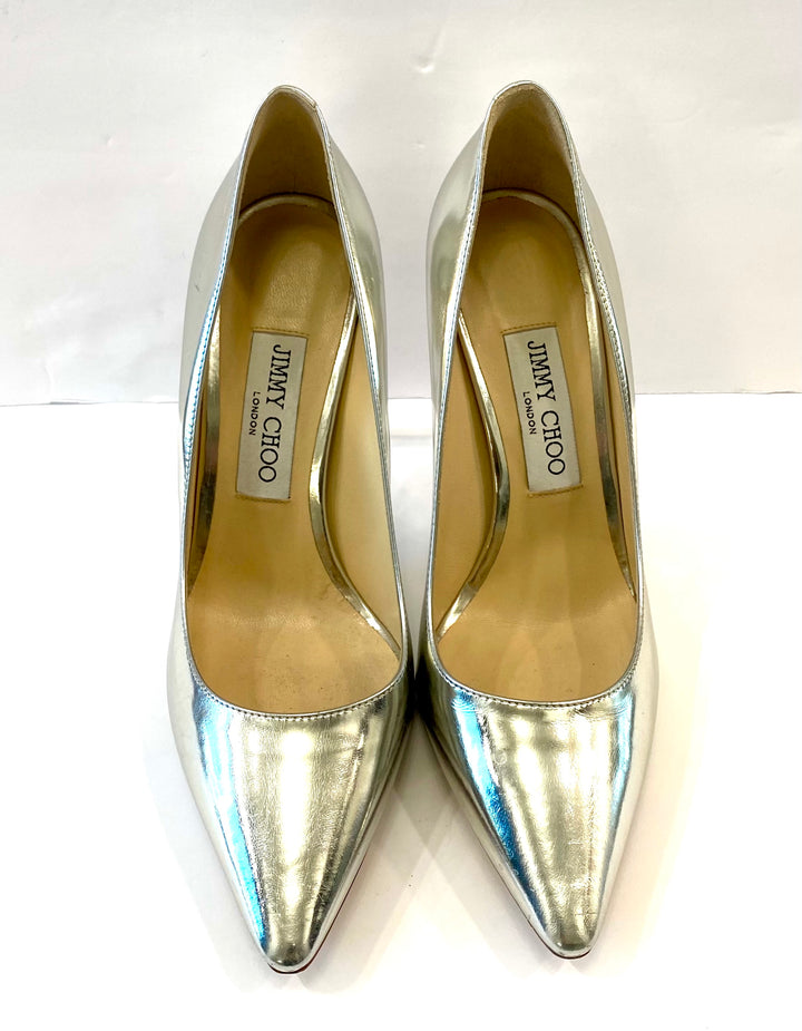JIMMY CHOO MIRROR CALFSKIN LEATHER ROMY PUMPS