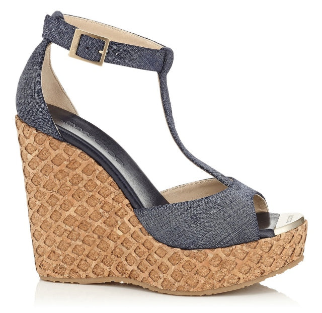 JIMMY CHOO PELA DENIM WEDGE HEEL SANDALS