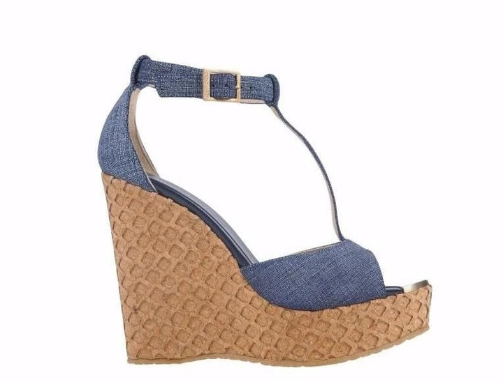 JIMMY CHOO PELA DENIM WEDGE HEEL SANDALS
