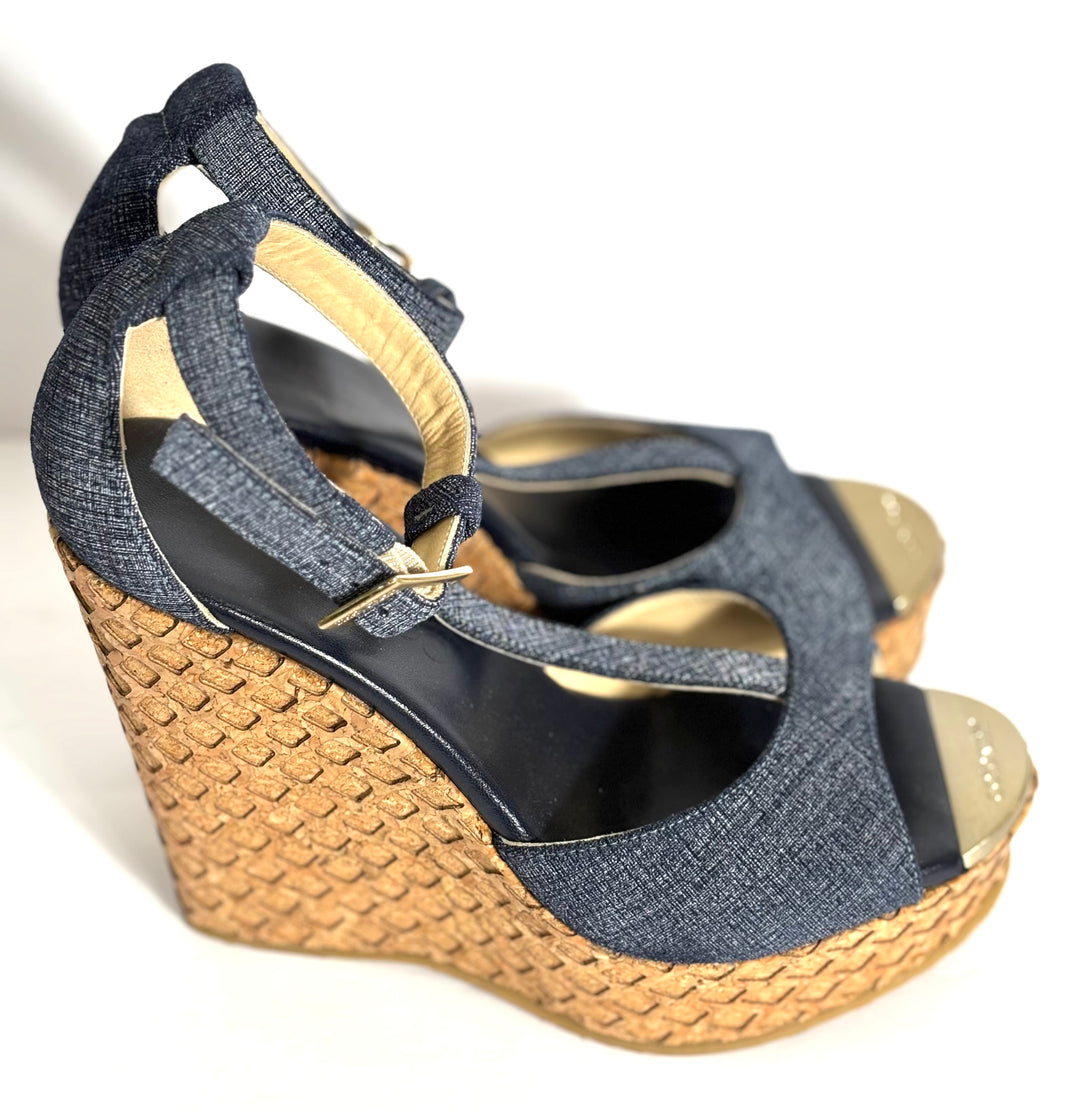 JIMMY CHOO PELA DENIM WEDGE HEEL SANDALS