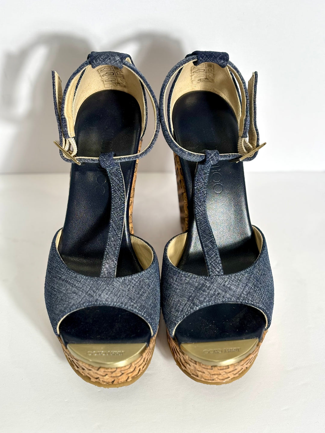JIMMY CHOO PELA DENIM WEDGE HEEL SANDALS