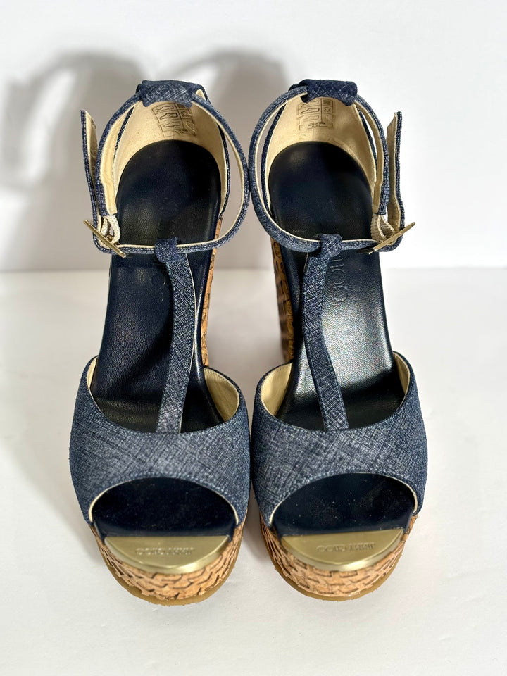JIMMY CHOO PELA DENIM WEDGE HEEL SANDALS