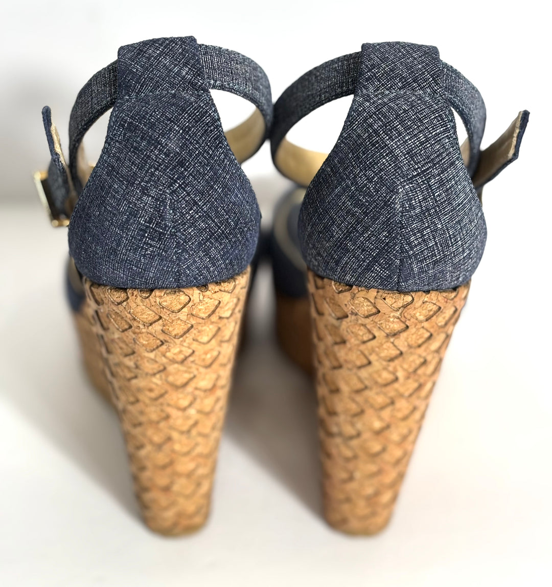 JIMMY CHOO PELA DENIM WEDGE HEEL SANDALS