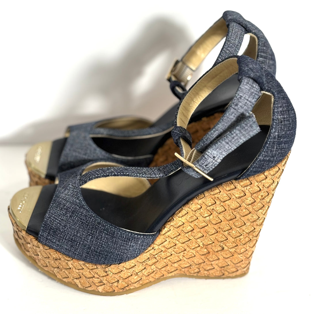JIMMY CHOO PELA DENIM WEDGE HEEL SANDALS
