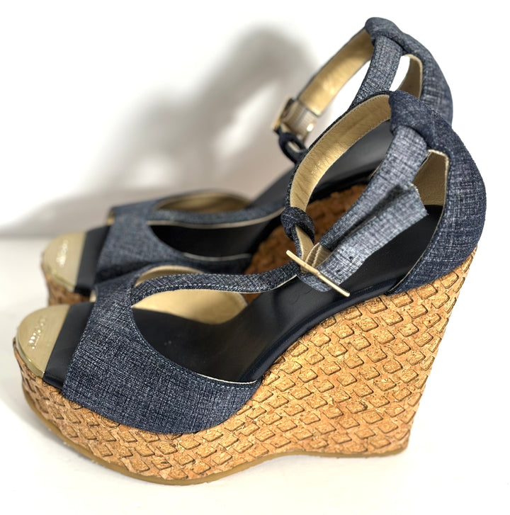JIMMY CHOO PELA DENIM WEDGE HEEL SANDALS