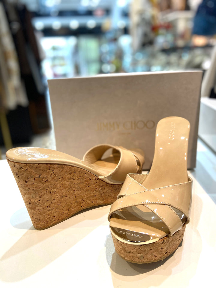 JIMMY CHOO PRIMA CORK WEDGE HEEL MULES SANDAL