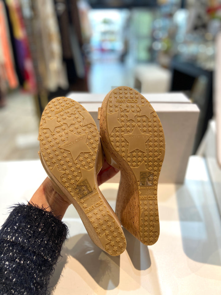 JIMMY CHOO PRIMA CORK WEDGE HEEL MULES SANDAL