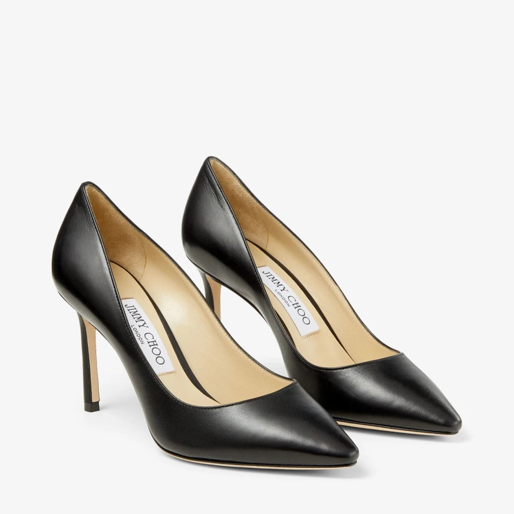JIMMY CHOO ROMY BLACK KID LEATHER POINTED TOE PUMPS