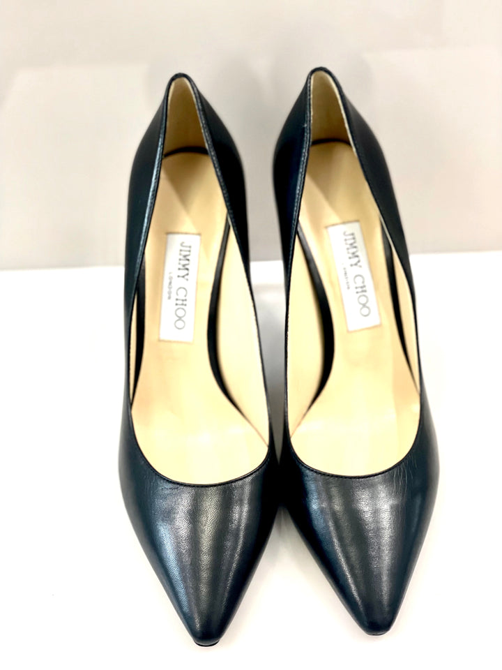 JIMMY CHOO ROMY BLACK KID LEATHER POINTED TOE PUMPS