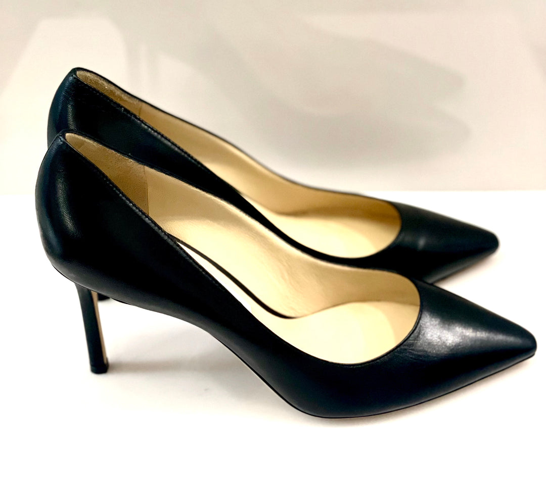 JIMMY CHOO ROMY BLACK KID LEATHER POINTED TOE PUMPS