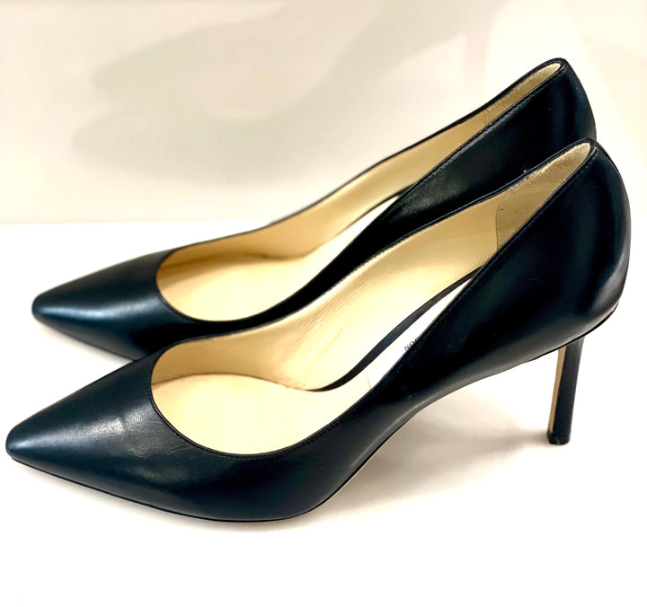 JIMMY CHOO ROMY BLACK KID LEATHER POINTED TOE PUMPS
