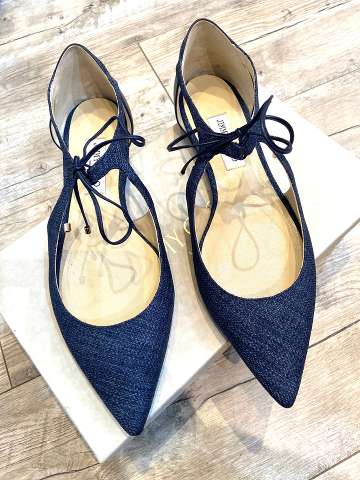 JIMMY CHOO VANESSA TWEED STRAP LACED BALLET FLATS