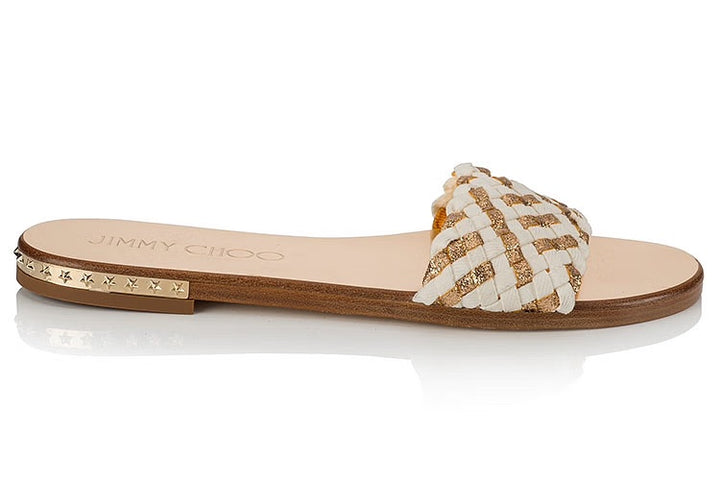 JIMMY CHOO WEAVE GLITTER FLAT MULES SANDALS