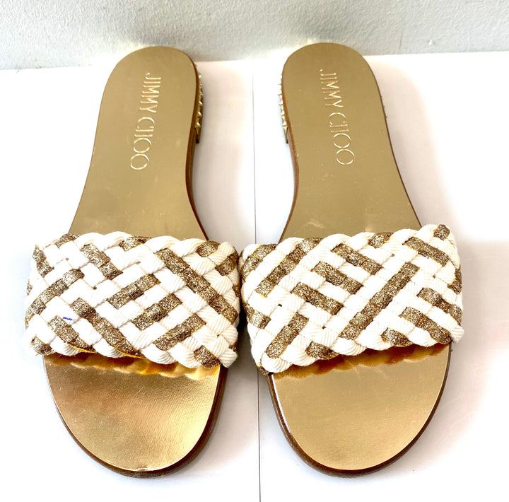 JIMMY CHOO WEAVE GLITTER FLAT MULES SANDALS