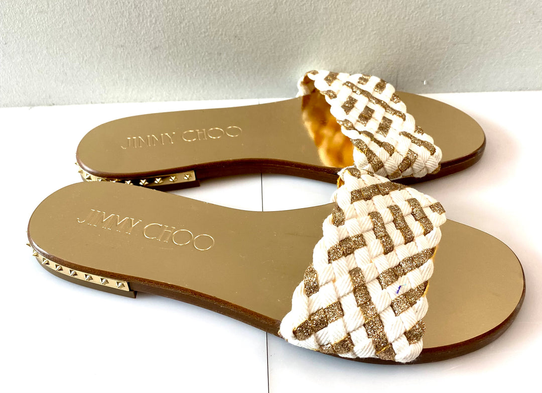 JIMMY CHOO WEAVE GLITTER FLAT MULES SANDALS