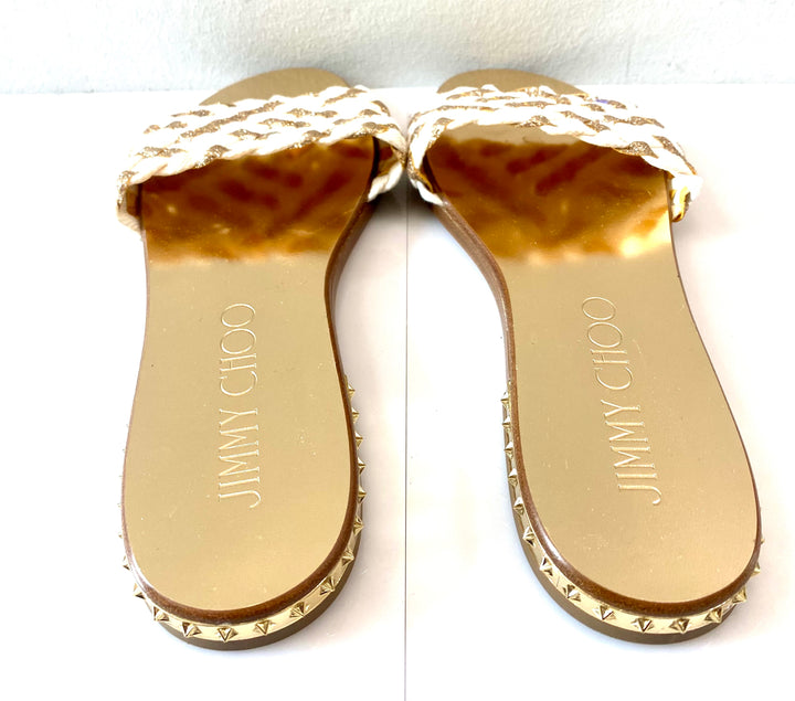 JIMMY CHOO WEAVE GLITTER FLAT MULES SANDALS