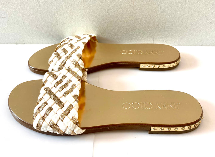 JIMMY CHOO WEAVE GLITTER FLAT MULES SANDALS
