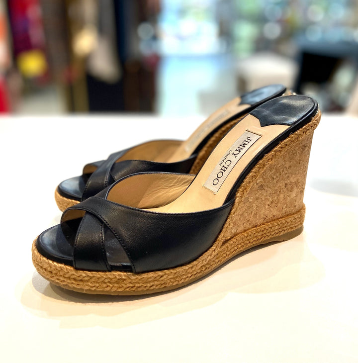 JIMMY CHOO ALMER 105 NAPPA LEATHER WEDGE HEEL MULES