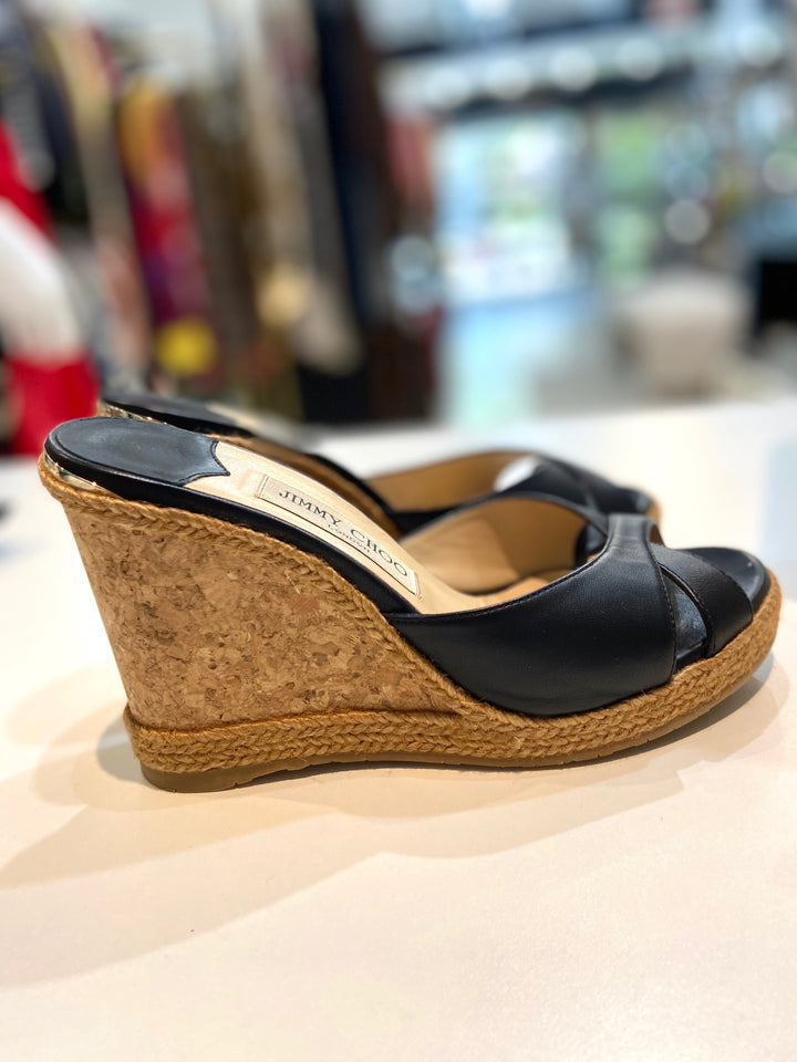 JIMMY CHOO ALMER 105 NAPPA LEATHER WEDGE HEEL MULES