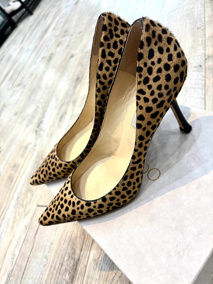 JIMMY CHOO LEOPARD PRINT CALFHAIR POINTED TOE PUMPS