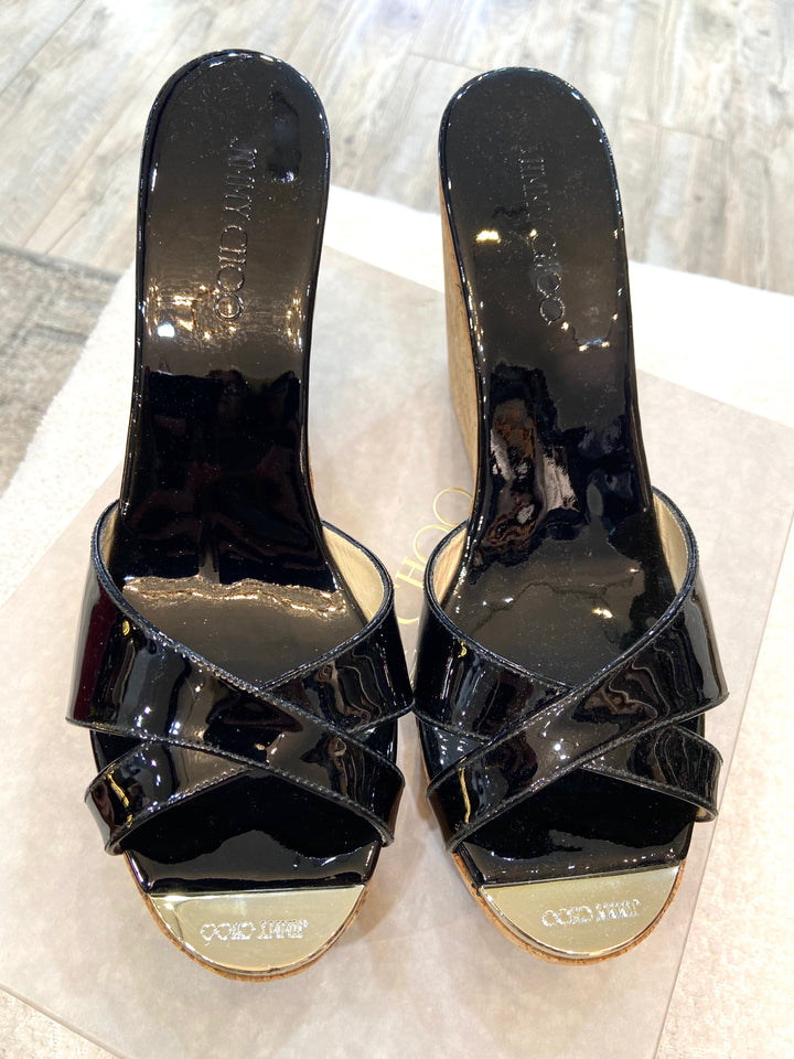 JIMMY CHOO PRIMA CORK WEDGE HEEL MULES SANDAL