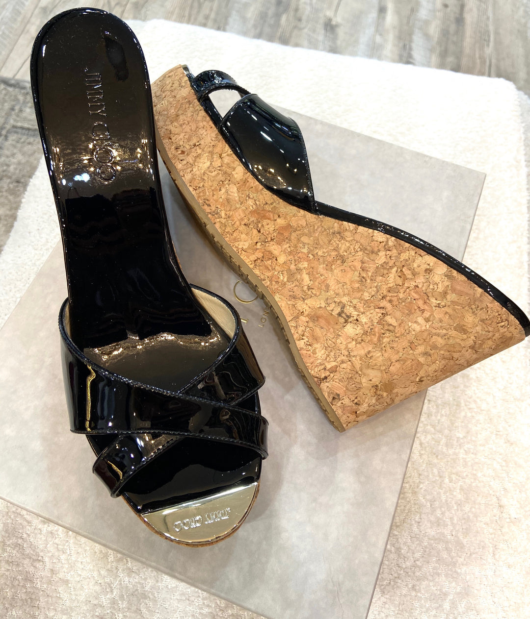 JIMMY CHOO PRIMA CORK WEDGE HEEL MULES SANDAL