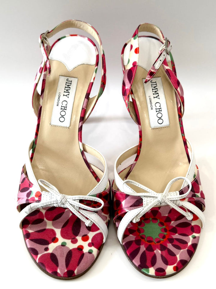 JIMMY CHOO SILK &amp; LEATHER FLORAL SLINGBACK SANDALS