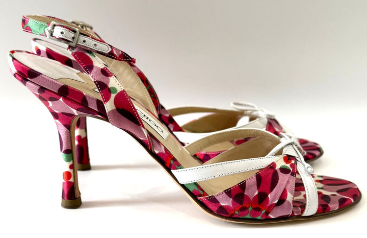 JIMMY CHOO SILK &amp; LEATHER FLORAL SLINGBACK SANDALS