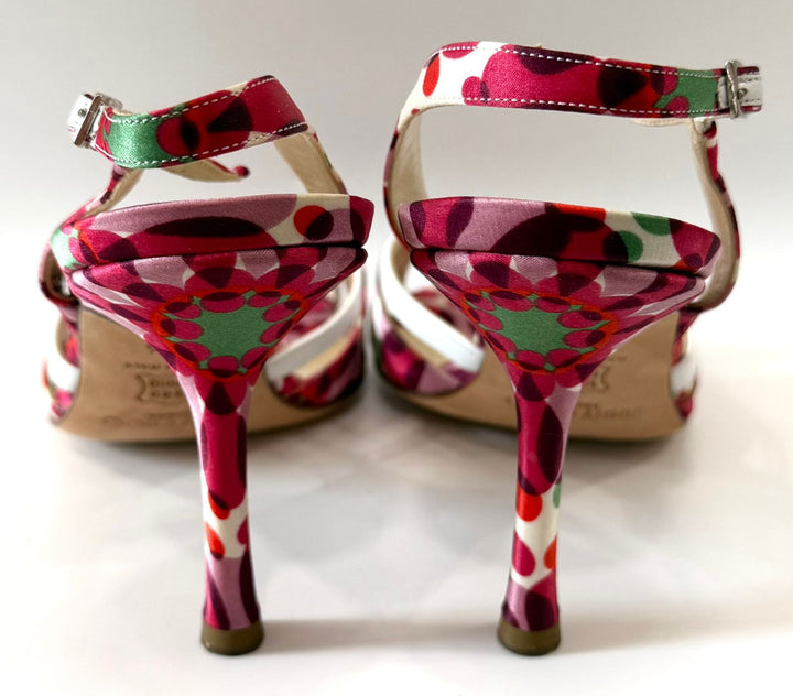 JIMMY CHOO SILK &amp; LEATHER FLORAL SLINGBACK SANDALS