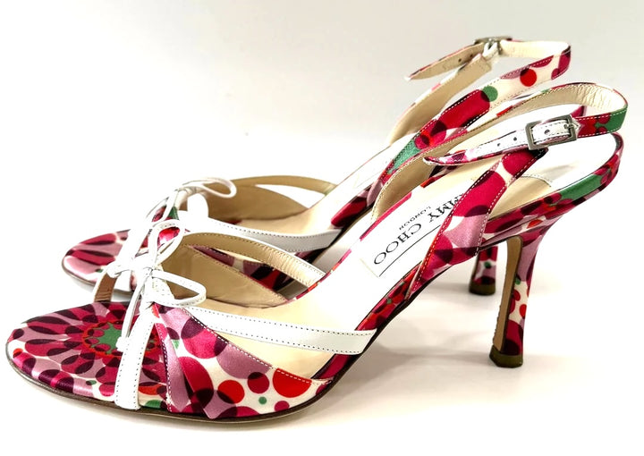 JIMMY CHOO SILK &amp; LEATHER FLORAL SLINGBACK SANDALS