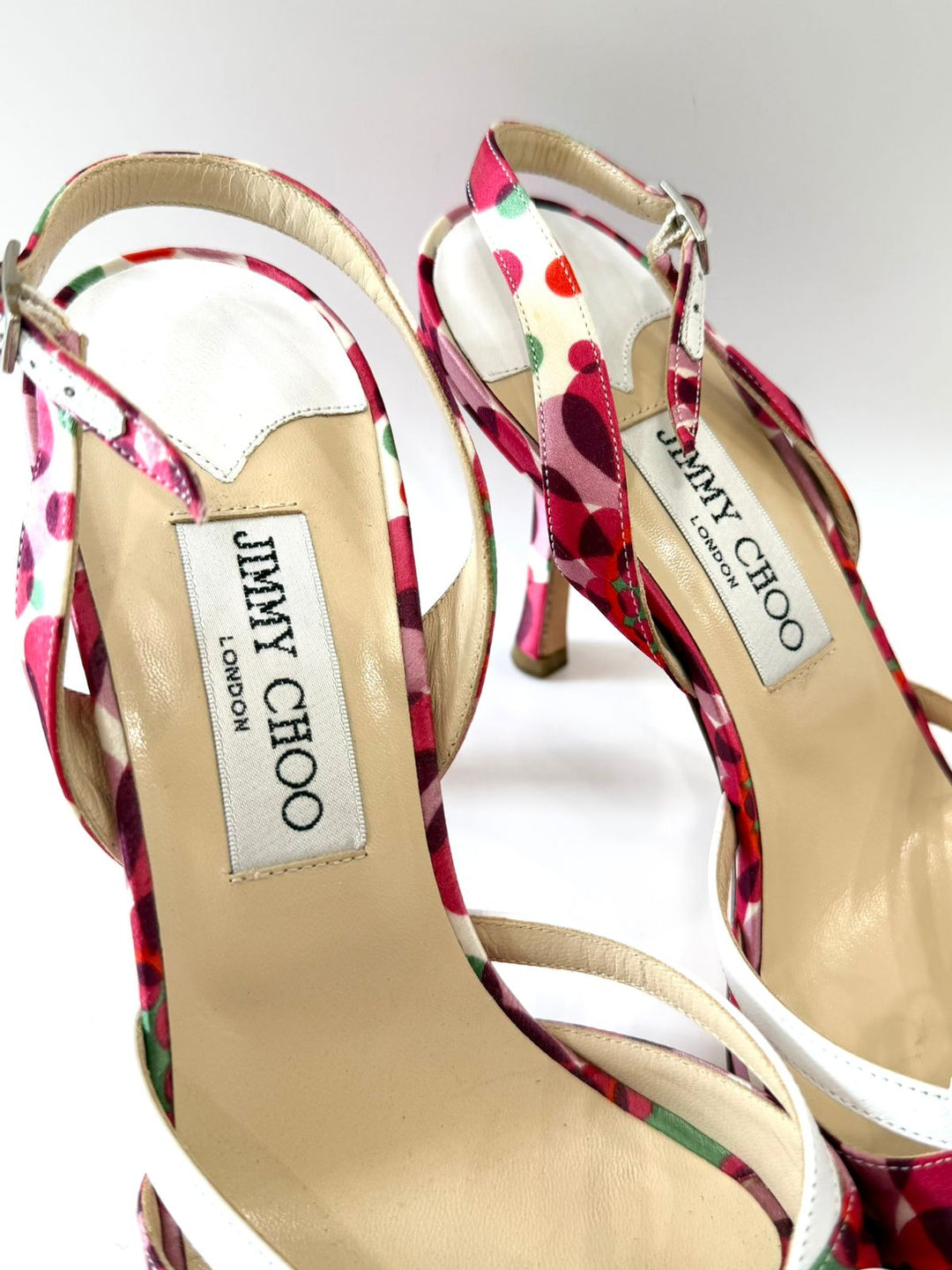 JIMMY CHOO SILK &amp; LEATHER FLORAL SLINGBACK SANDALS