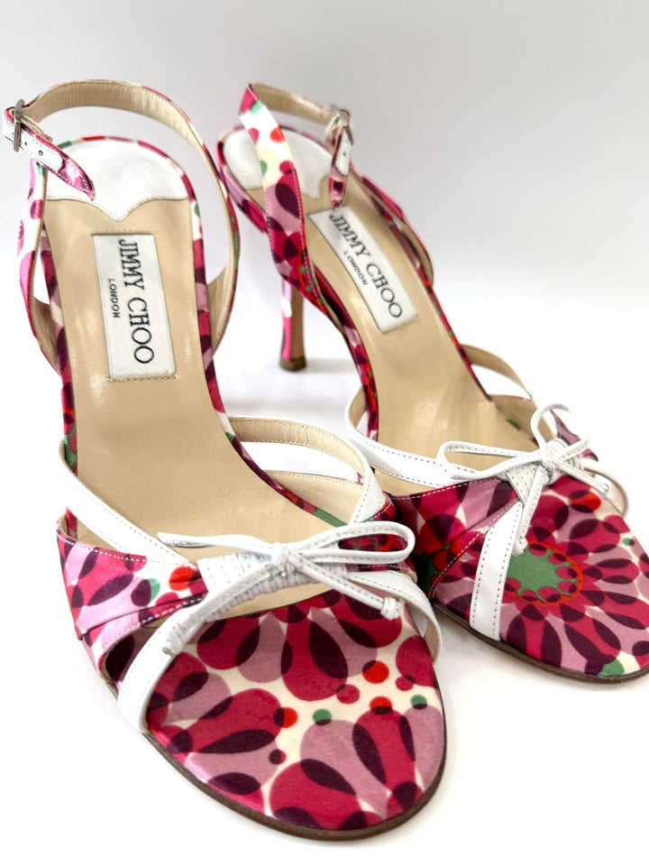 JIMMY CHOO SILK &amp; LEATHER FLORAL SLINGBACK SANDALS