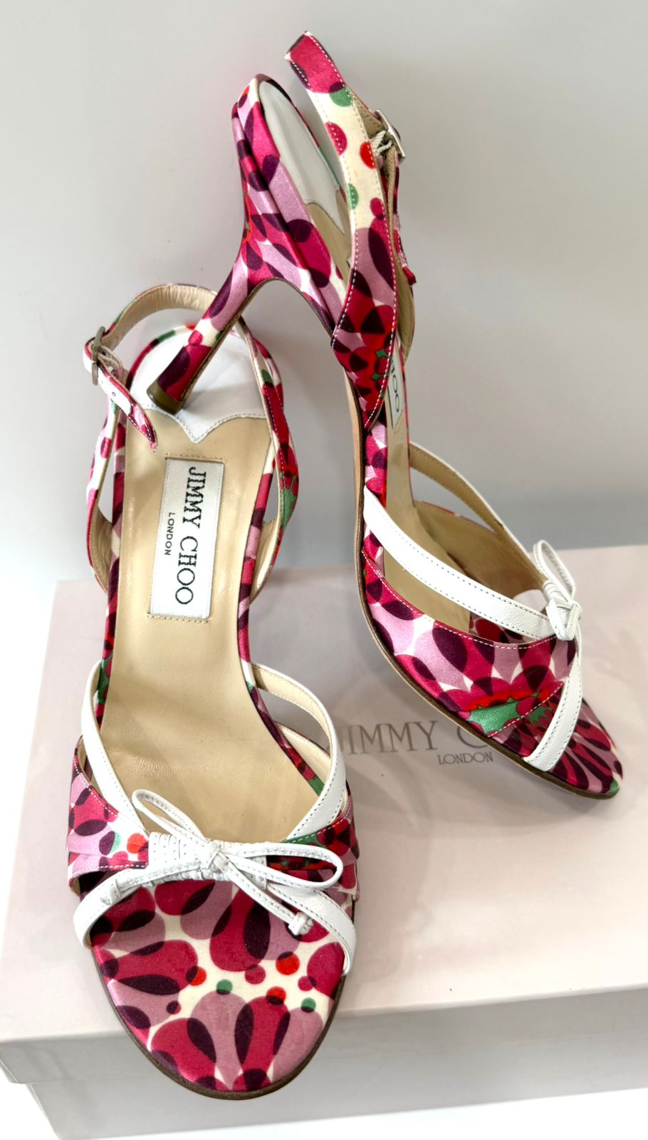 JIMMY CHOO SILK &amp; LEATHER FLORAL SLINGBACK SANDALS