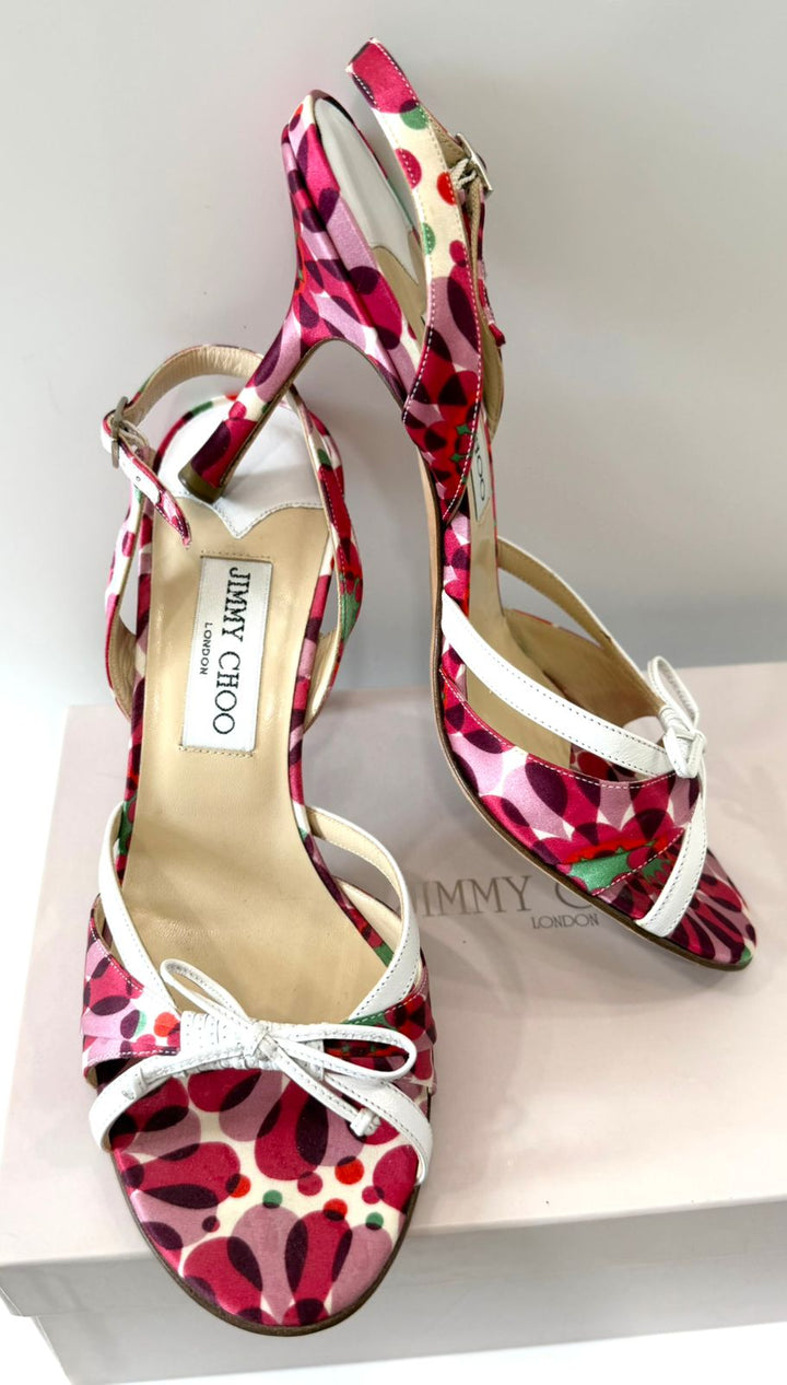 JIMMY CHOO SILK &amp; LEATHER FLORAL SLINGBACK SANDALS