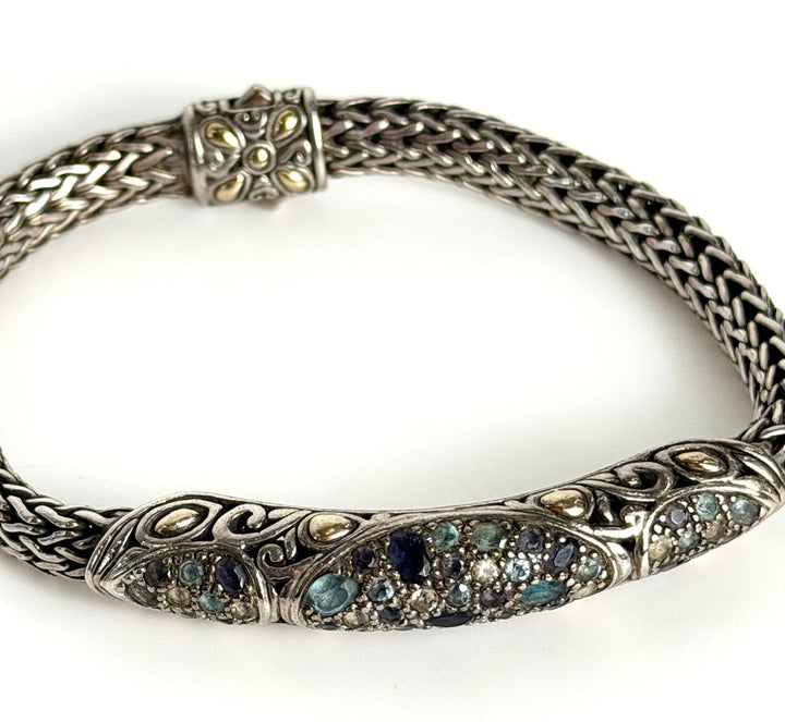 JOHN HARDY MULTISTONE BATU LAVA BLUE CHAIN STERLING SILVER &amp; 18K GOLD  BRACELET