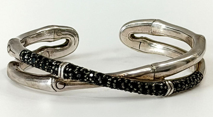 JOHN HARDY STERLING SILVER BLACK SAPPHIRE BAMBOO CROSSOVER BRACELET