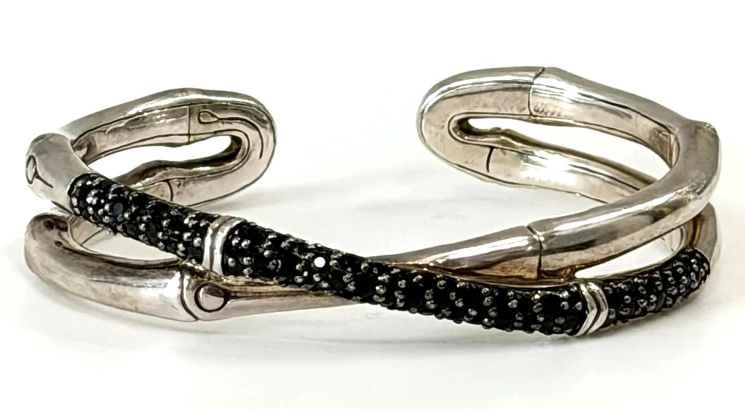 JOHN HARDY STERLING SILVER BLACK SAPPHIRE BAMBOO CROSSOVER BRACELET