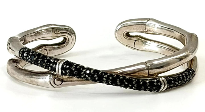 JOHN HARDY STERLING SILVER BLACK SAPPHIRE BAMBOO CROSSOVER BRACELET