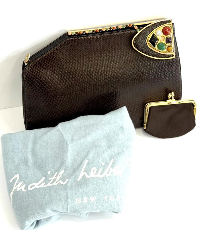 JUDITH LEIBER EXOTIC LIZARD LEATHER GEMSTONE EMBELLISHED CLUTCH BAG