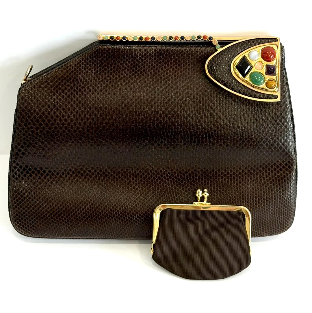 JUDITH LEIBER EXOTIC LIZARD LEATHER GEMSTONE EMBELLISHED CLUTCH BAG