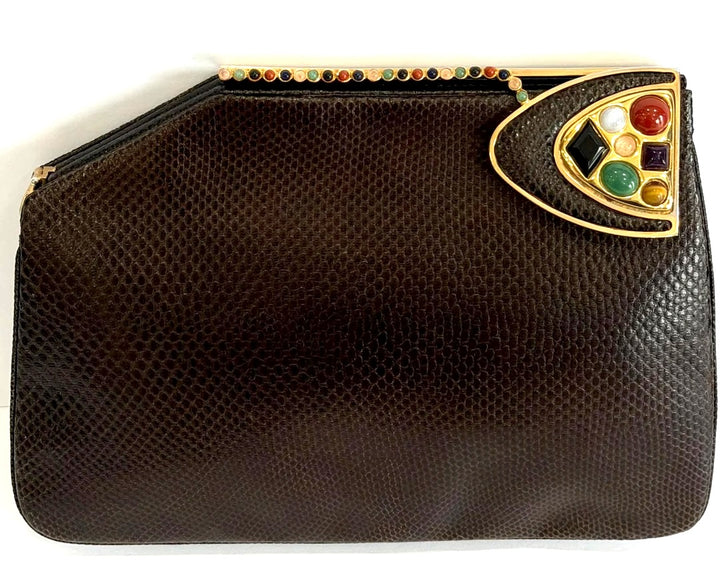 JUDITH LEIBER EXOTIC LIZARD LEATHER GEMSTONE EMBELLISHED CLUTCH BAG