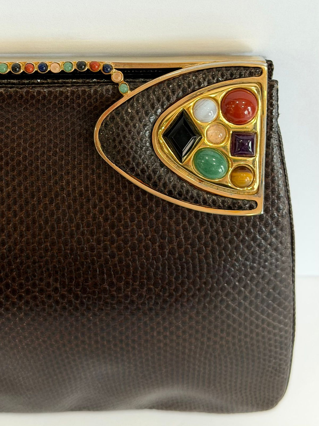 JUDITH LEIBER EXOTIC LIZARD LEATHER GEMSTONE EMBELLISHED CLUTCH BAG