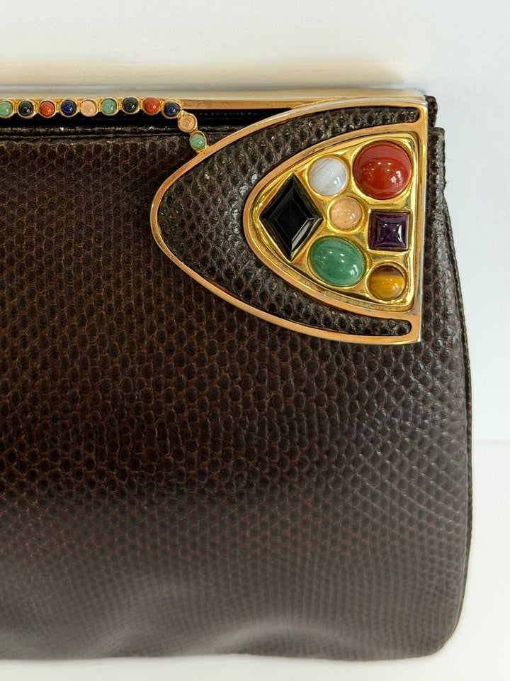 JUDITH LEIBER EXOTIC LIZARD LEATHER GEMSTONE EMBELLISHED CLUTCH BAG