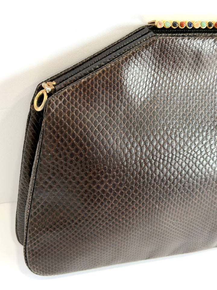 JUDITH LEIBER EXOTIC LIZARD LEATHER GEMSTONE EMBELLISHED CLUTCH BAG