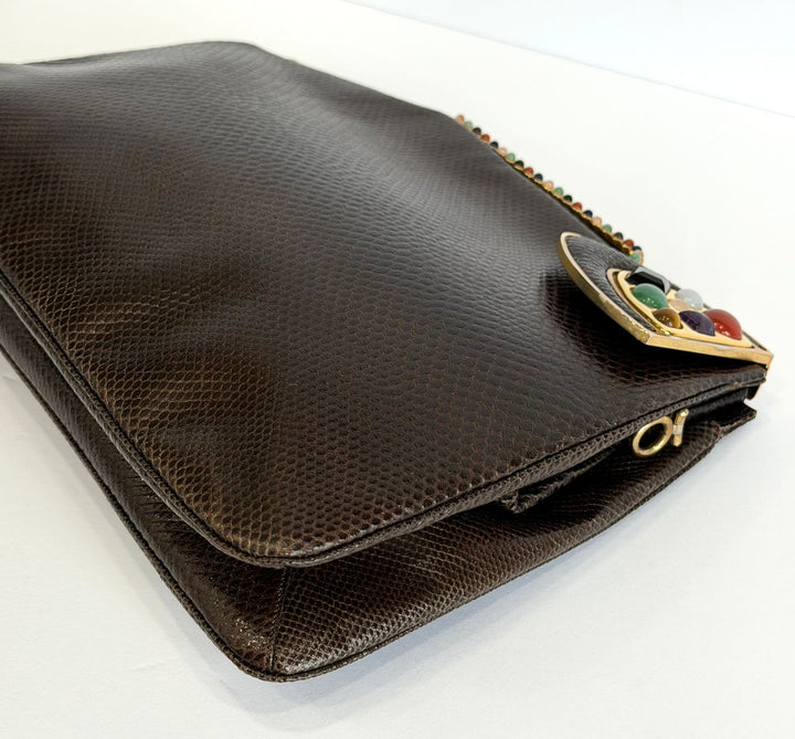 JUDITH LEIBER EXOTIC LIZARD LEATHER GEMSTONE EMBELLISHED CLUTCH BAG