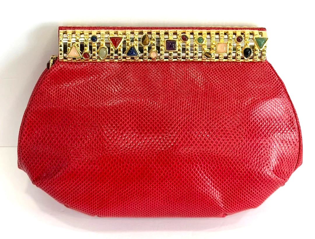 JUDITH LEIBER LIZARD SKIN GEMSTONE EMBELLISHED CLUTCH BAG