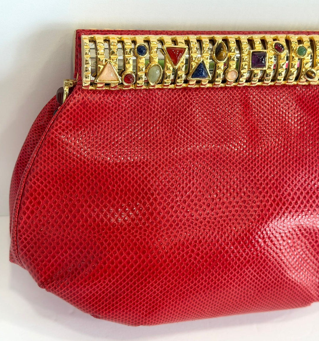 JUDITH LEIBER LIZARD SKIN GEMSTONE EMBELLISHED CLUTCH BAG