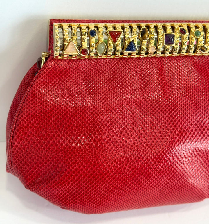 JUDITH LEIBER LIZARD SKIN GEMSTONE EMBELLISHED CLUTCH BAG